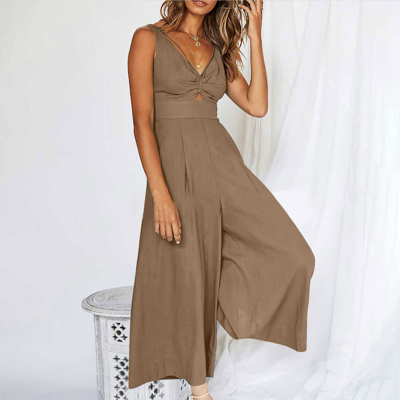 V Neck Cutout Wide Leg Jumpsuits