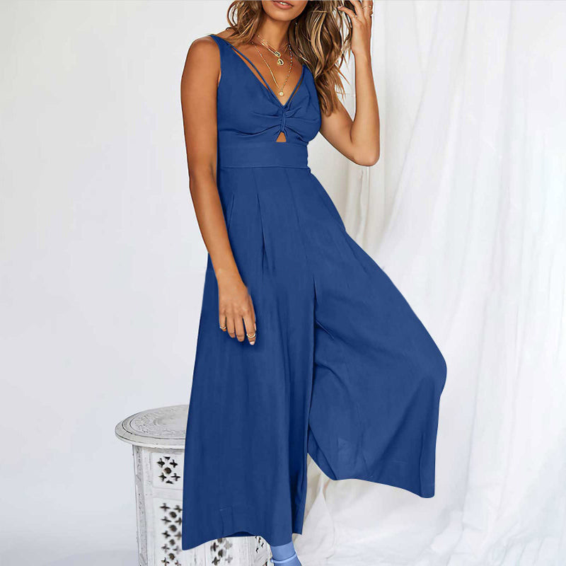 V Neck Cutout Wide Leg Jumpsuits