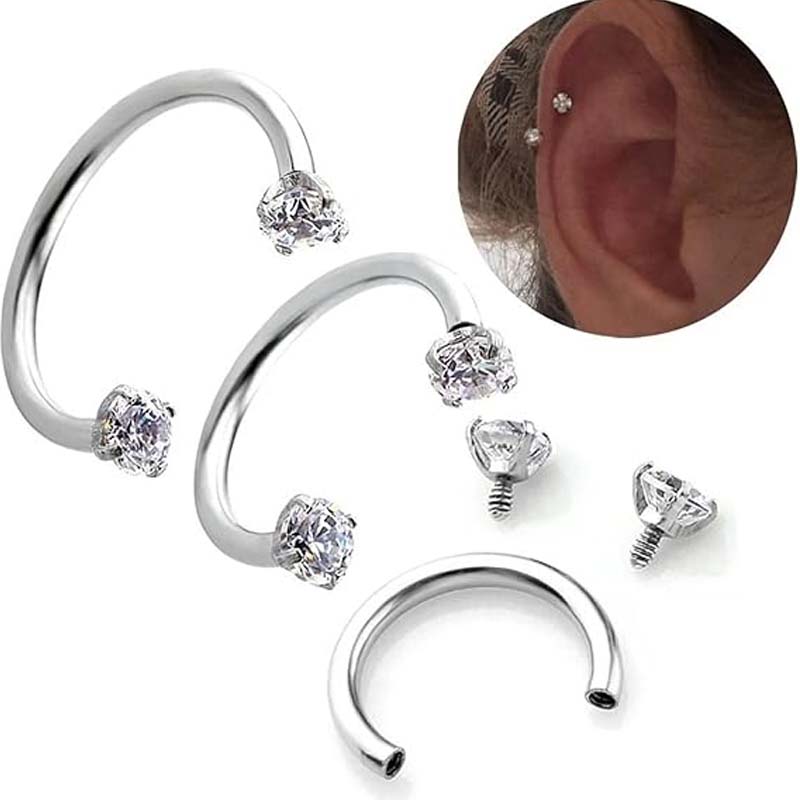 Zirconia Horseshoe Ring with Threaded Gems for Piercings