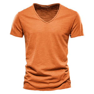 Plain Slub Cotton V-neck T-shirt