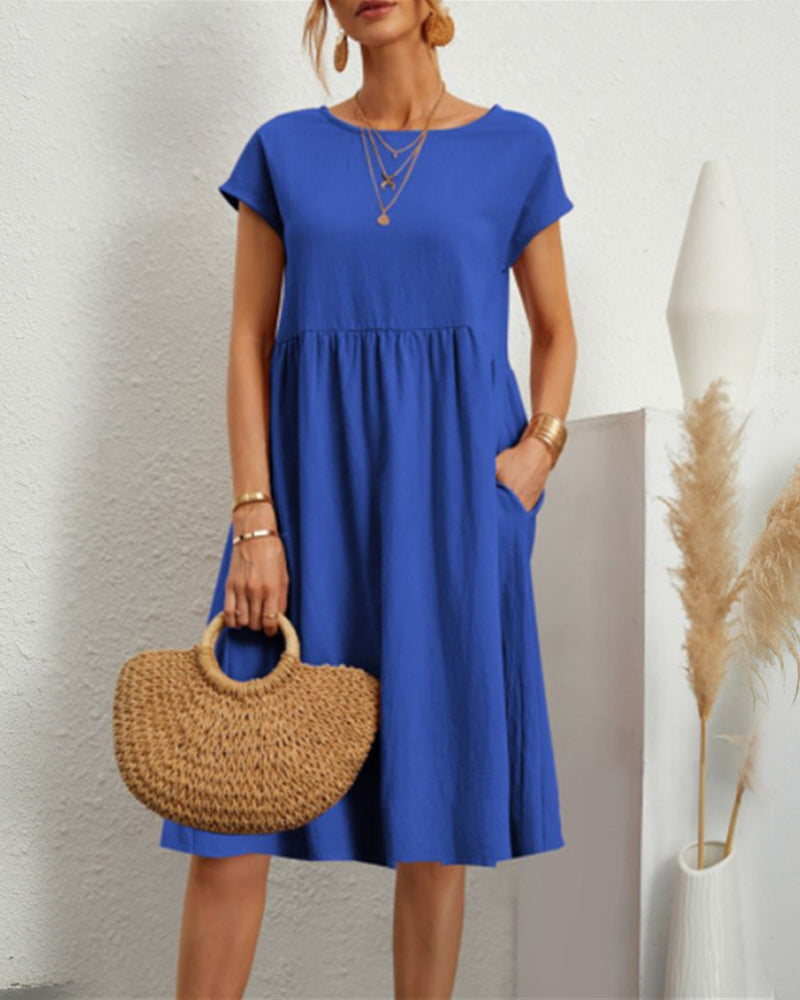 Round neck loose cotton and linen dress