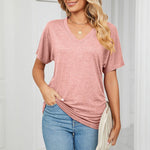 New Casual Pullover V-Neck Solid Color Loose Ladies Tops