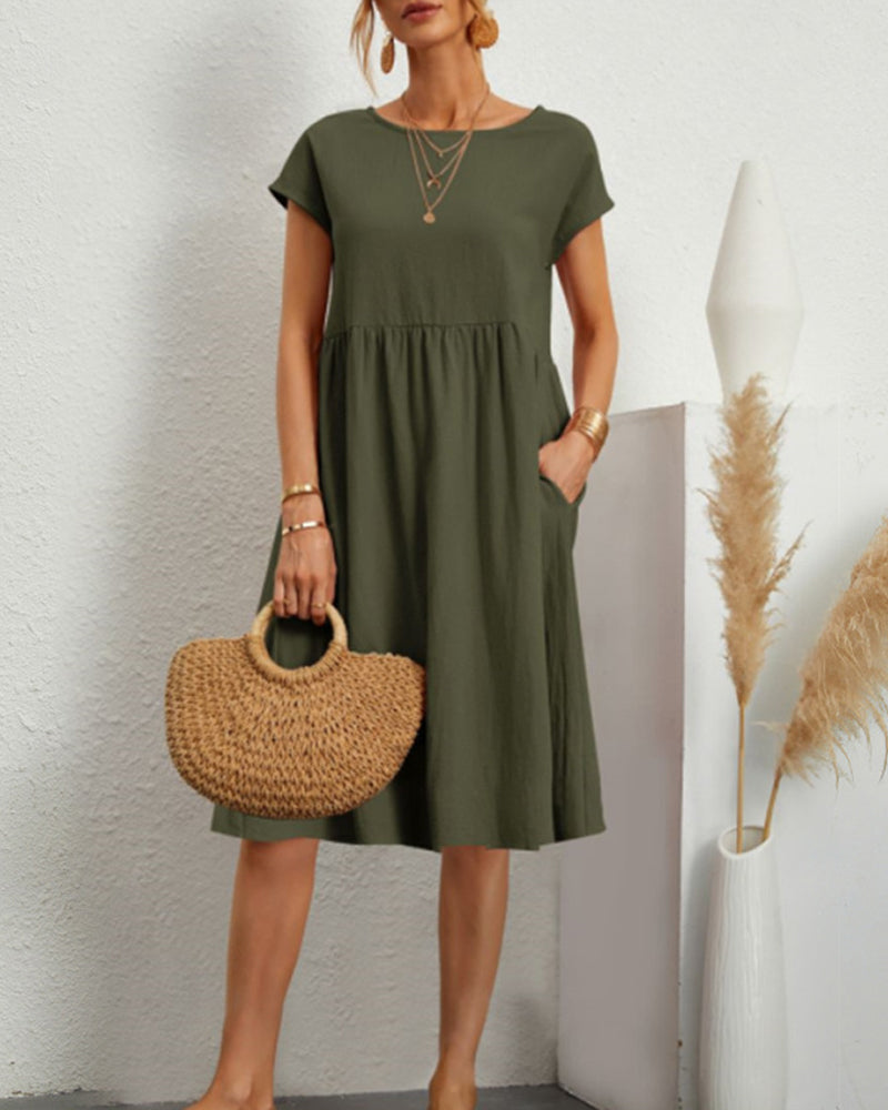 Round neck loose cotton and linen dress