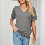 New Casual Pullover V-Neck Solid Color Loose Ladies Tops