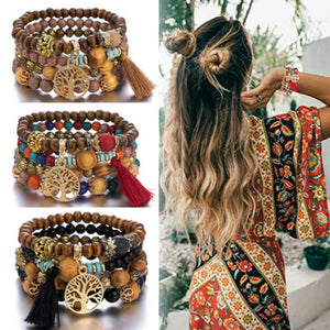 Boho Multilayer Wood Beaded Bracelet