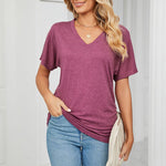 New Casual Pullover V-Neck Solid Color Loose Ladies Tops