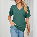 New Casual Pullover V-Neck Solid Color Loose Ladies Tops