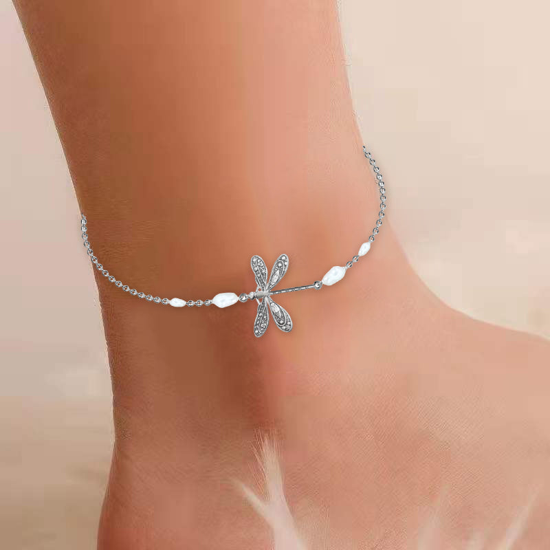 Simple Dragonfly Anklet With Pearl