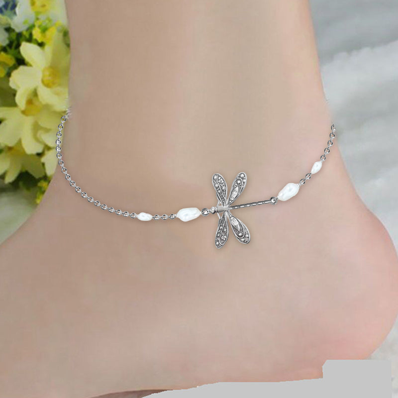 Simple Dragonfly Anklet With Pearl