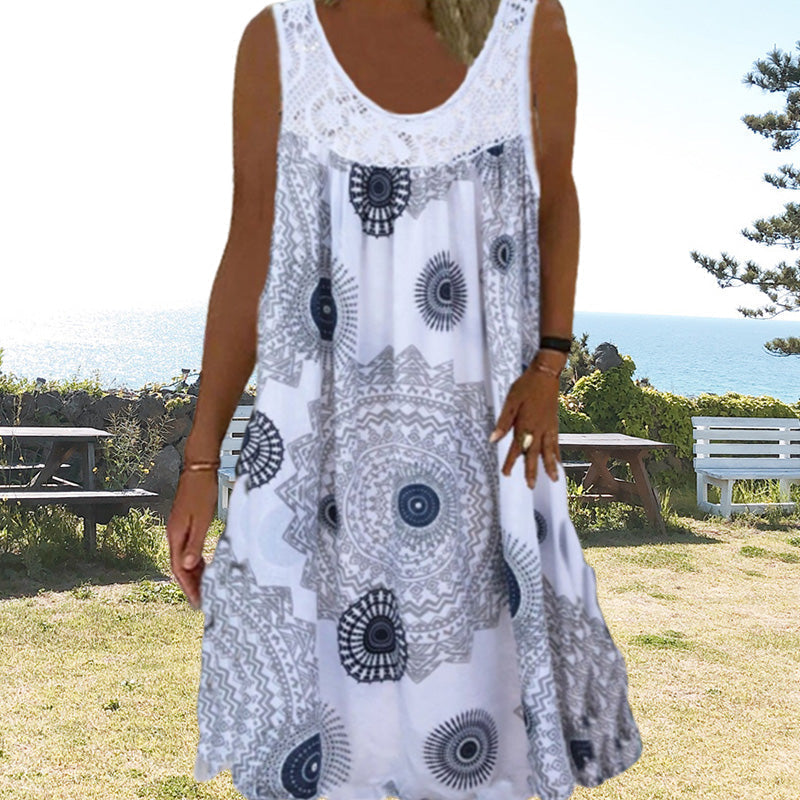 Women Summer O-Neck Sleeveless Print Dress