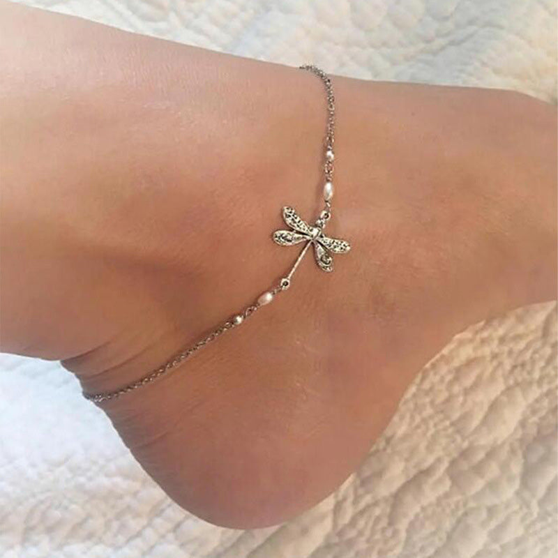 Simple Dragonfly Anklet With Pearl