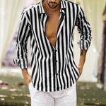 Spring Summer Men's Cotton Linen Striped Button Shirt