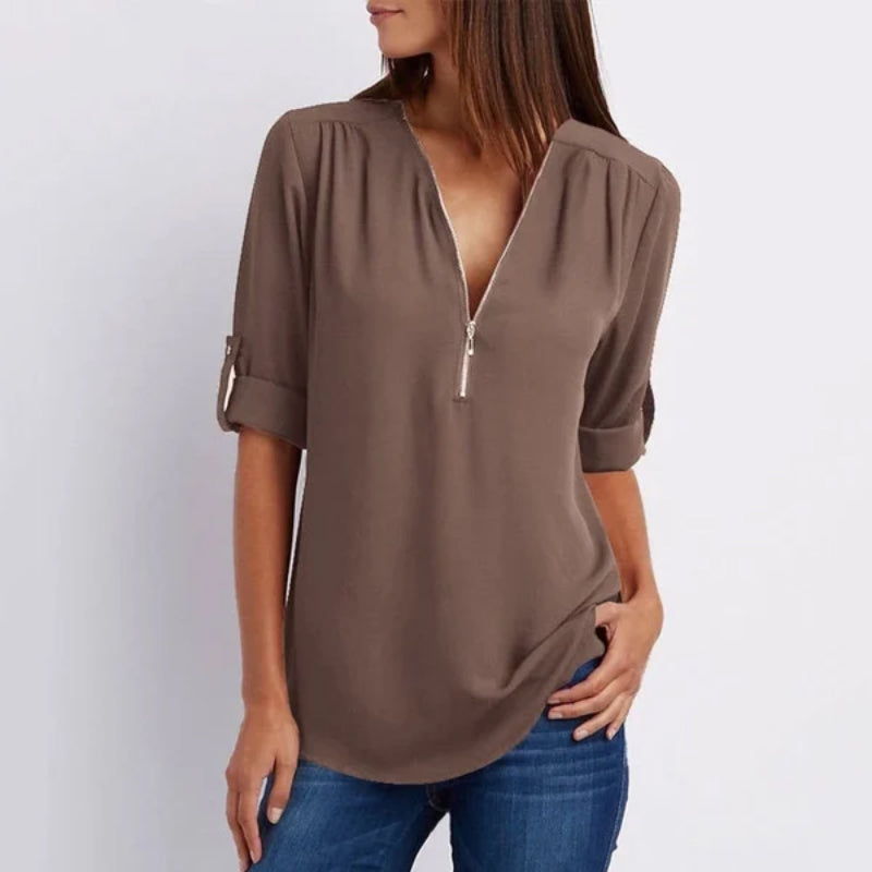 V Neck Zipper Patchwork Plain Blouses