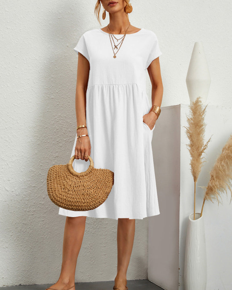 Round neck loose cotton and linen dress