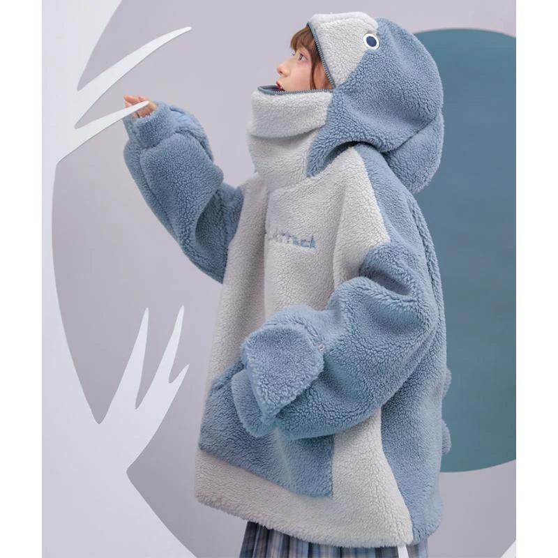 Shark Embroidery Zipper Letter Plush Hoodie