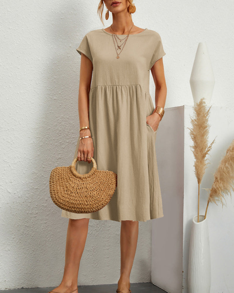 Round neck loose cotton and linen dress