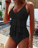 Solid color ruffled split tankini