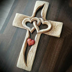 Carved Wooden Cross - Intertwined Hearts