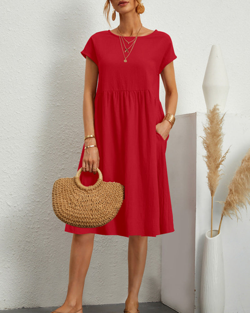 Round neck loose cotton and linen dress