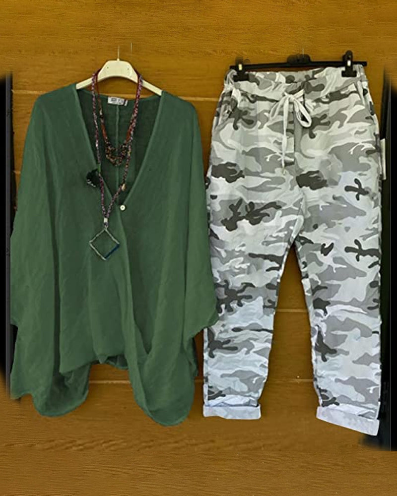 Fashion casual camouflage print two-piece set