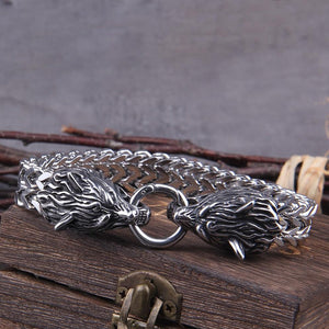 Viking Stainless Steel Double Wolf Head Fenrir Bracelet