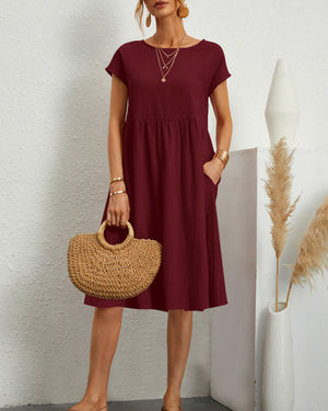 Round neck loose cotton and linen dress