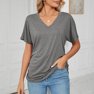 New Casual Pullover V-Neck Solid Color Loose Ladies Tops