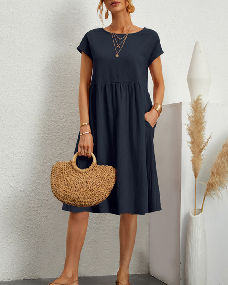 Round neck loose cotton and linen dress