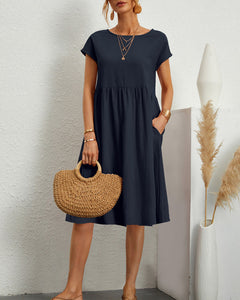 Round neck loose cotton and linen dress