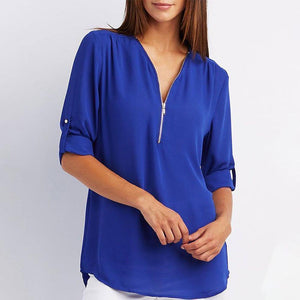 V Neck Zipper Patchwork Plain Blouses