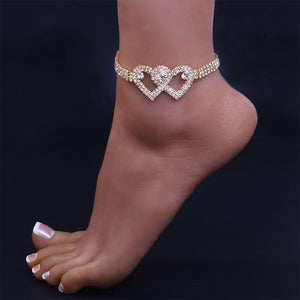 Fashion Rhinestone Double Heart Anklet