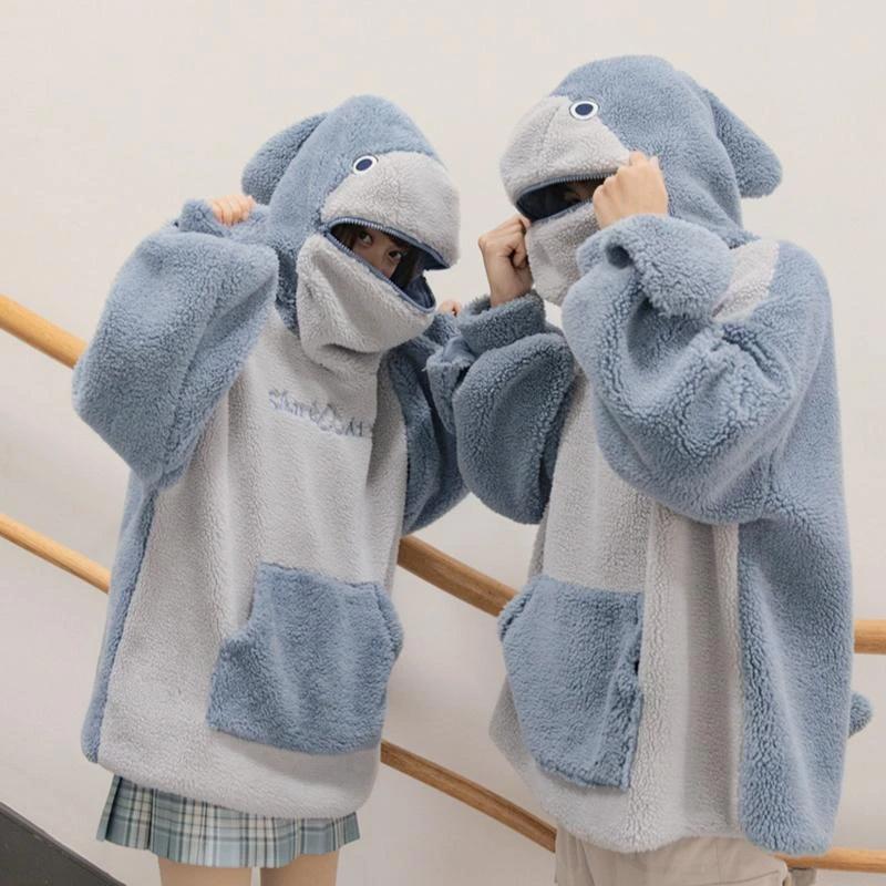 Shark Embroidery Zipper Letter Plush Hoodie