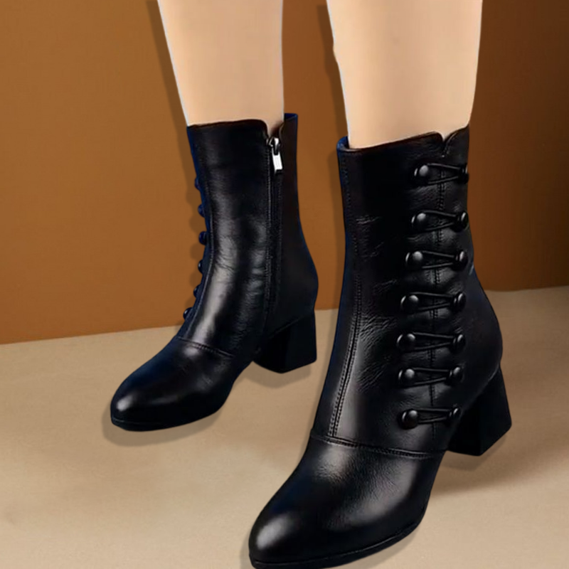 Women Warm Side Butto Leather Ankle Boots