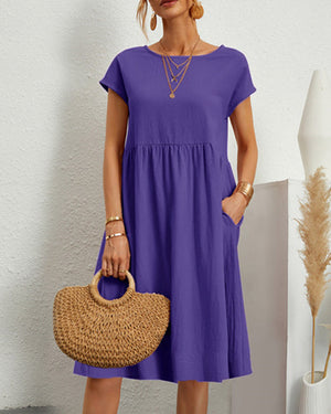 Round neck loose cotton and linen dress