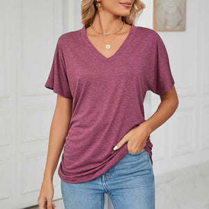 New Casual Pullover V-Neck Solid Color Loose Ladies Tops