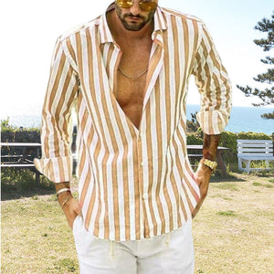 Spring Summer Men's Cotton Linen Striped Button Shirt