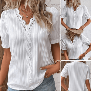 V Neck Plain Lace Elegant Shirt