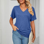 New Casual Pullover V-Neck Solid Color Loose Ladies Tops