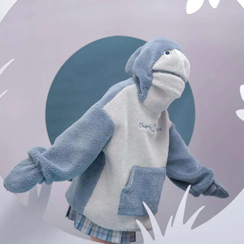 Shark Embroidery Zipper Letter Plush Hoodie