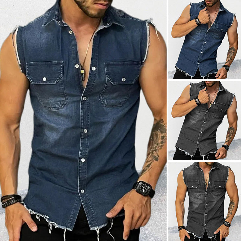 Men's Vintage Lapel Sleeveless Denim Shirt