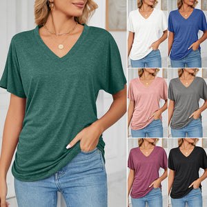 New Casual Pullover V-Neck Solid Color Loose Ladies Tops