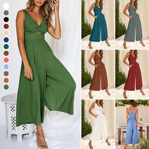 V Neck Cutout Wide Leg Jumpsuits