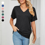 New Casual Pullover V-Neck Solid Color Loose Ladies Tops