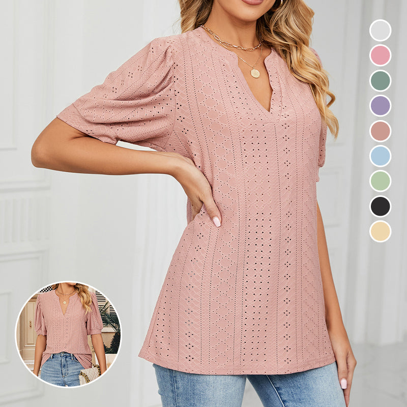 Solid Color Hollow Bubble Sleeve Loose T-shirt Top