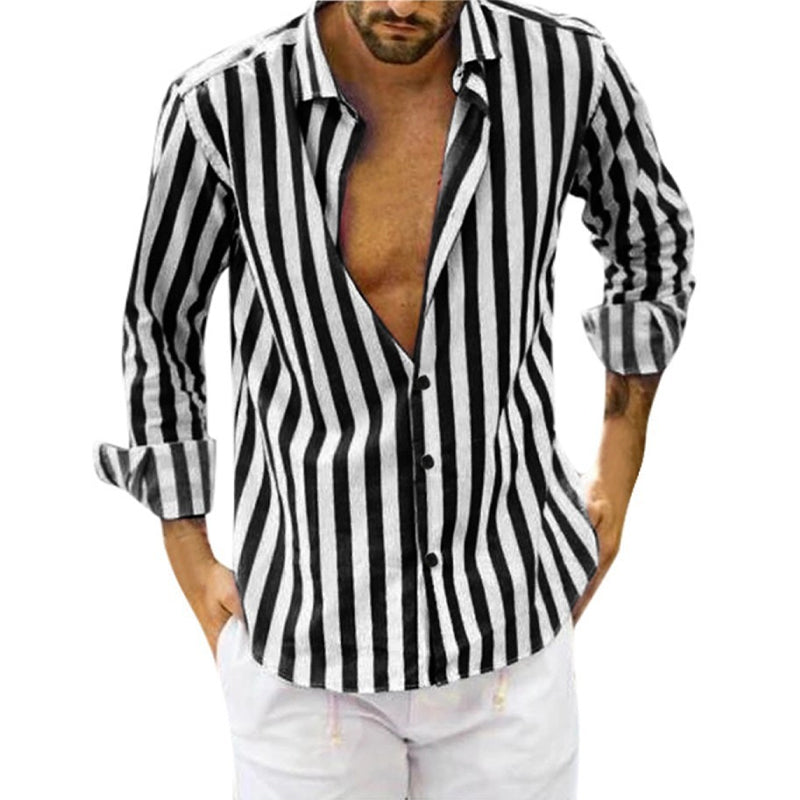 Spring Summer Men's Cotton Linen Striped Button Shirt